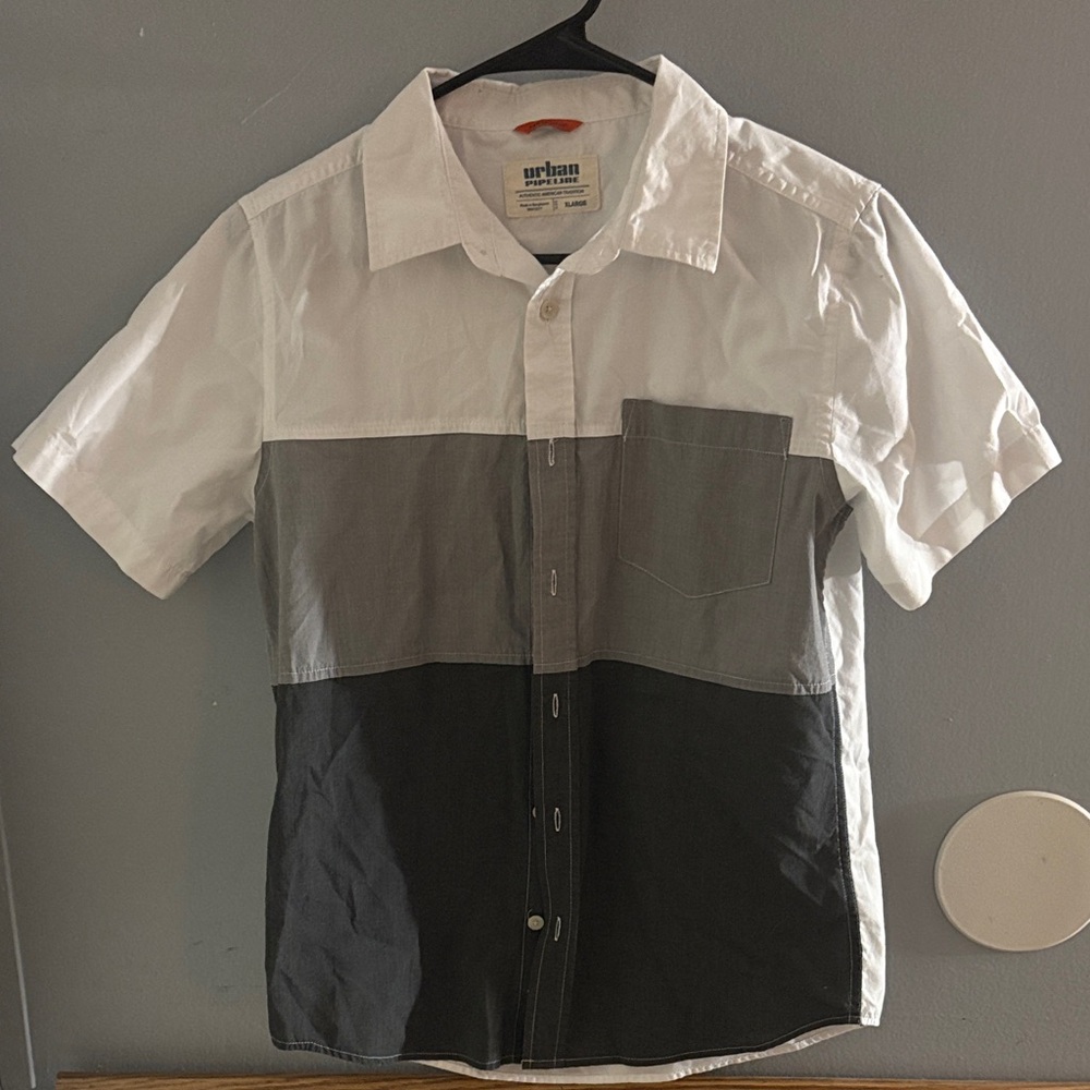 Urban Pipeline Kids Tri-Tone Button Down Shirt - White, Gray, Black
